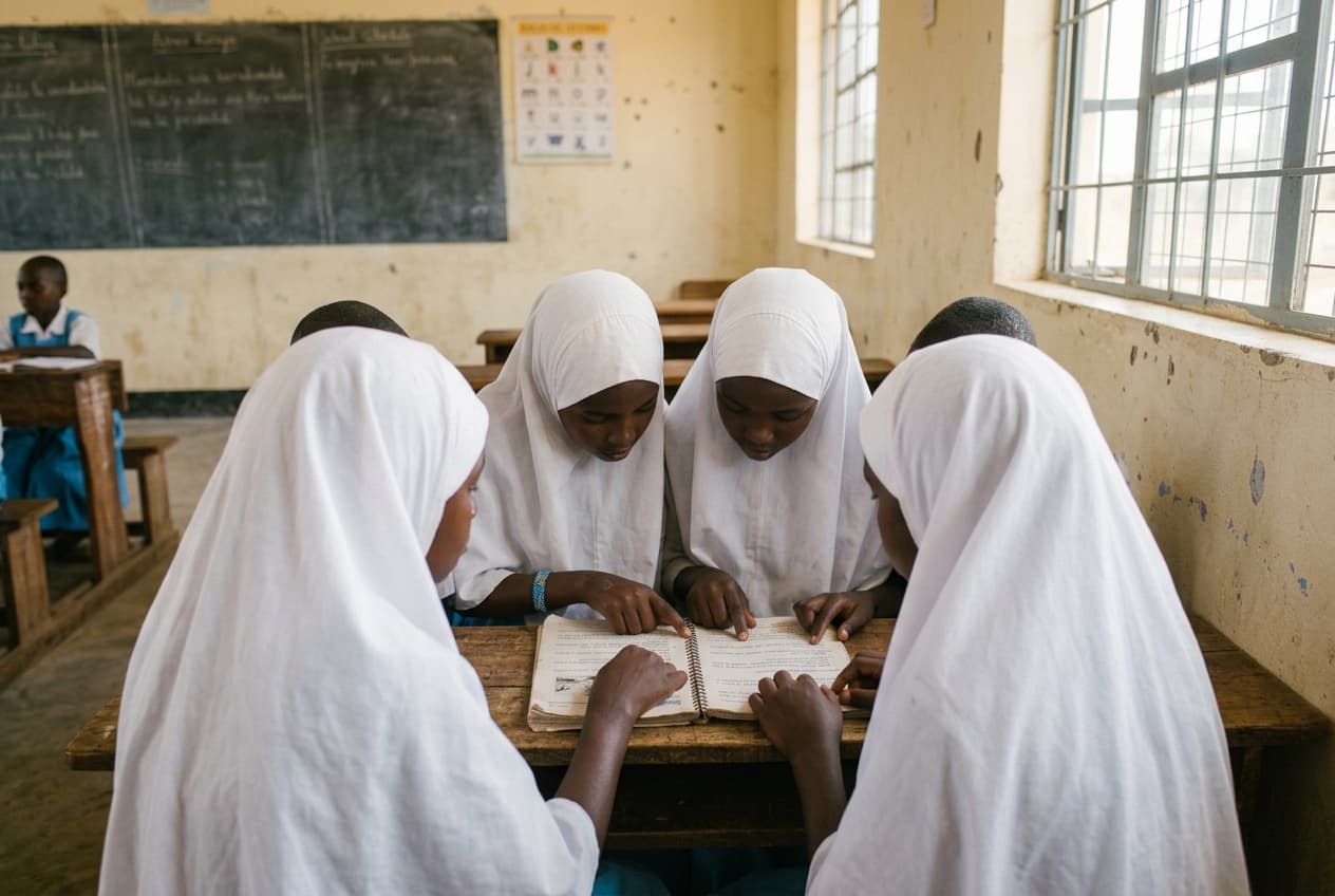 Four schoolgirls in white hijabs reading from a shared workbook at a classroom desk