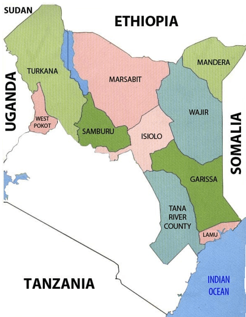 Map of northern Kenya showing Marsabit, Isiolo, Wajir, Garissa and Tana River counties with their neighbouring counties and countries